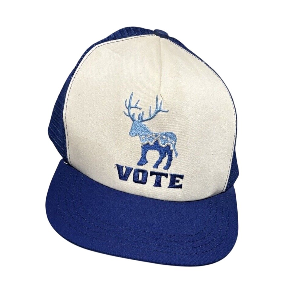 Unionwear Vote Deer Trucker Hat Blue White Mesh Snapback USA Made Cap Patriotic